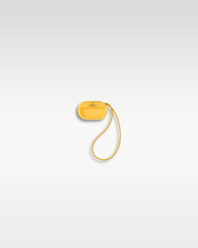 The official bright yellow teardrop-shaped plastic Master Chronometer hangtag indicating official METAS Swiss laboratory precision and magnetic resistance testing approvals