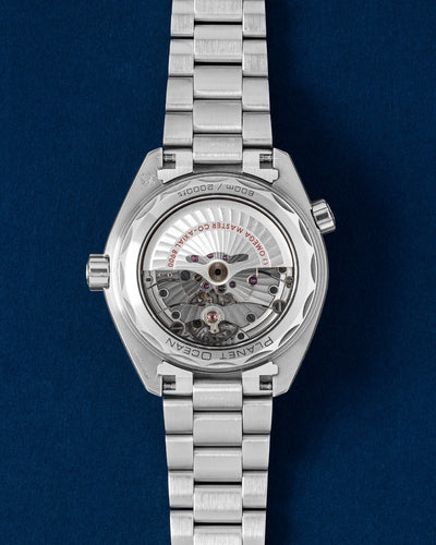 Sapphire crystal caseback view showcasing the automatic Omega Co-Axial Master Chronometer Calibre 8900 movement on a Planet Ocean 600M