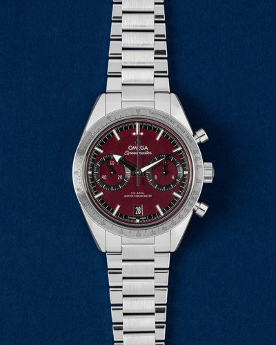 Pre owned 2024 Omega Speedmaster '57 Co-Axial Master Chronometer 40.5mm burgundy dial steel watch 332.10.41.51.11.001 at Grand Caliber Dallas