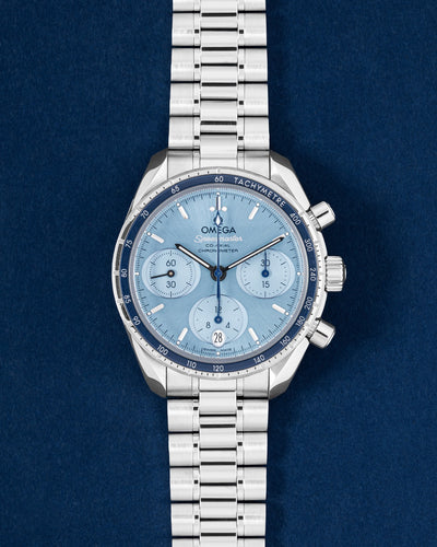 blue Omega Speedmaster Chronograph 38 Co-Axial | Grand Caliber Watches