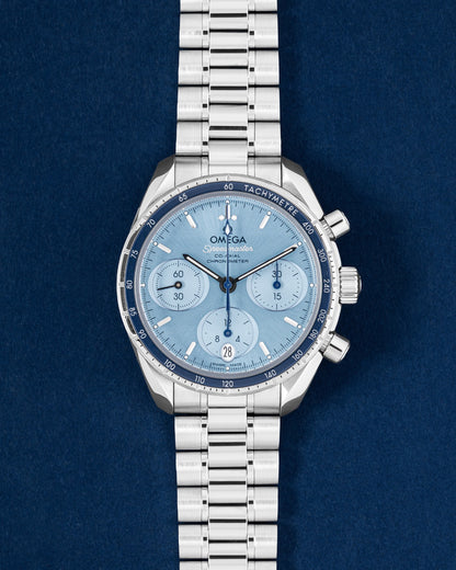 blue Omega Speedmaster Chronograph 38 Co-Axial | Grand Caliber Watches