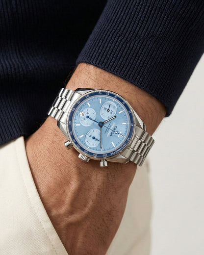 blue Omega Speedmaster Chronograph 38 Co-Axial | Grand Caliber Watches
