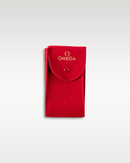 An official premium red textured leather travel watch pouch with a button-snap closure from the Omega packaging kit
