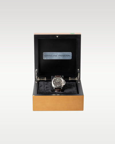 Preowned 2017 Panerai Luminor Base 8 Days PAM 00562 brown dial complete full set presentation with its original light wood luxury presentation watch box