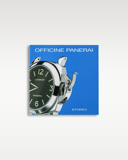 The bright blue front cover of the traditional Storici historical instruction manual published for the Panerai Luminor Marina Logo PAM 00005 at Grand Caliber in Dallas, Texas