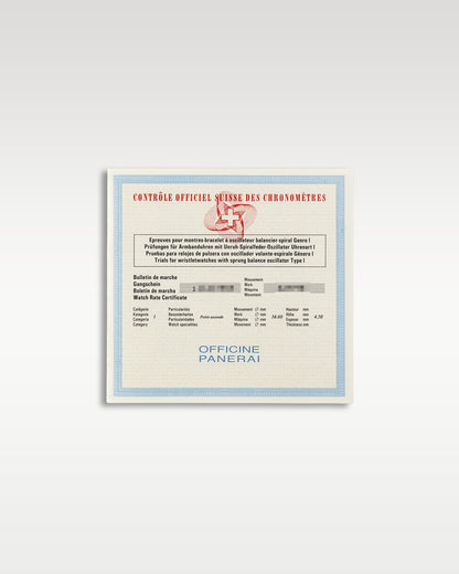A clear flat lay shot of the official paper COSC chronometer certificate document accompanying the Panerai Luminor Marina Logo PAM 00005 at Grand Caliber in Dallas, Texas