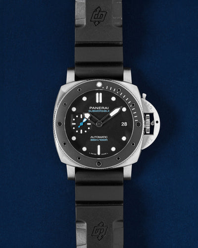 Pre owned 2024 Panerai Submersible 42mm PAM02683 stainless steel dive watch with black ceramic bezel at Grand Caliber Dallas