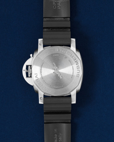 Solid screw-down brushed stainless steel caseback on a pre-owned 42mm Panerai Submersible dive watch