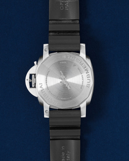 Solid screw-down brushed stainless steel caseback on a pre-owned 42mm Panerai Submersible dive watch
