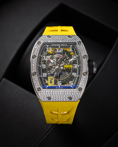 50mm White Gold Richard Mille RM030 Yellow Rubber Strap Diamond Bezel Watch