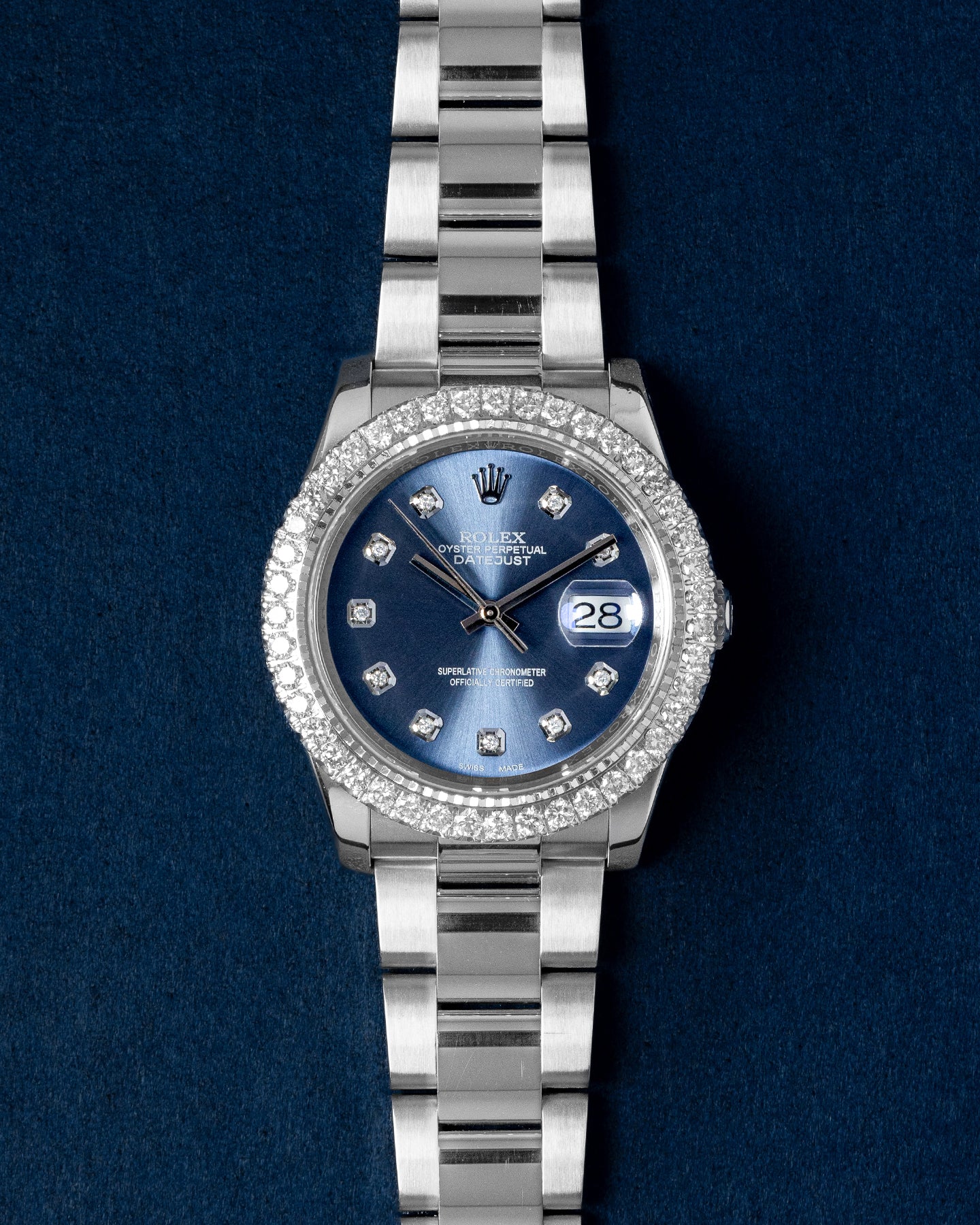 36mm Stainless Steel and Diamond Rolex Datejust 116200 Blue Sunburst Dial Watch