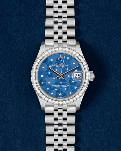 Blue Floral Dial Diamond Bezel Rolex Datejust 278384RBR | Grand Caliber USA