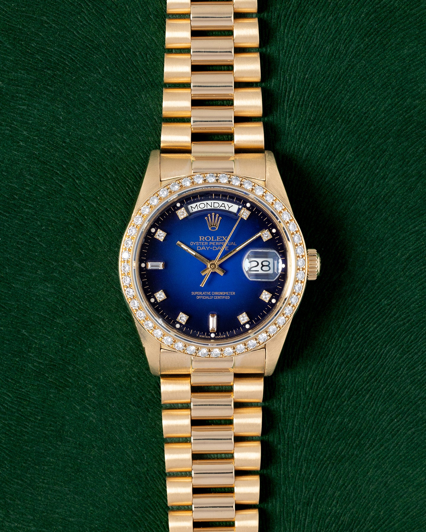 1985 Yellow Gold Rolex Day Date 18048 Blue Vignette Watch | Grand Caliber Dallas