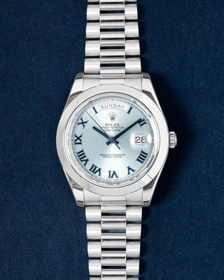 41mm Platinum Glacier Ice Blue Rolex Day Date 218206 Watch at Grand Caliber Texas