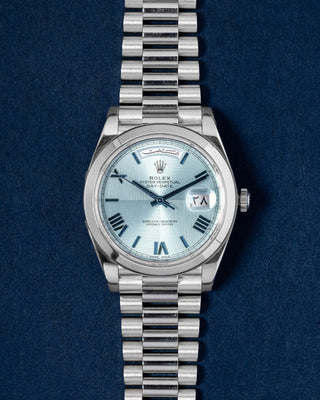 Ice Blue Platinum Presidential Strap Rolex Day Date 228206 Watch | Grand Caliber