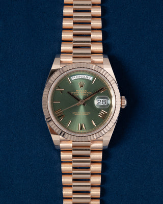 Rose Gold Rolex Day Date 228235 Olive Green Dial Watch at Grand Caliber Dallas