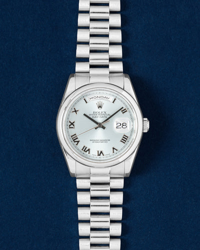 Ice Blue dial Rolex Day-Date 36 118206 | Grand Caliber Platinum Watches 