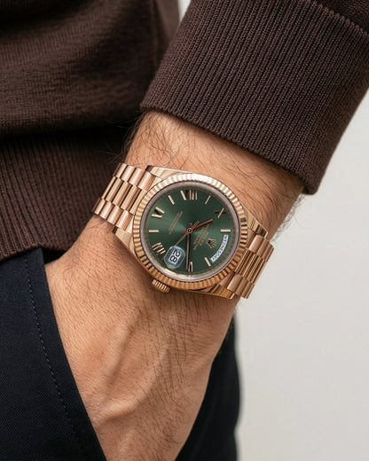 Rose Gold Rolex Day-Date 40 228235 Olive Green Dial | Grand Caliber Watches
