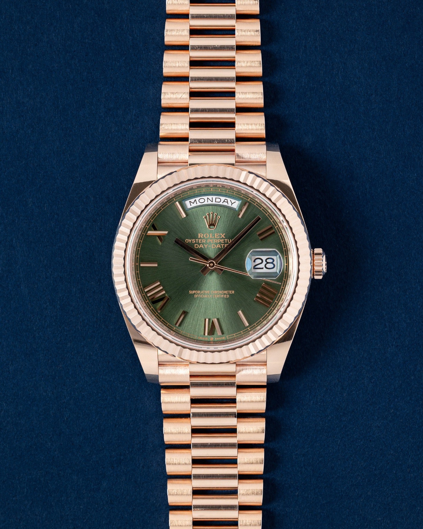 Rose Gold Rolex Day-Date 40 228235 Olive Green Dial | Grand Caliber Watches