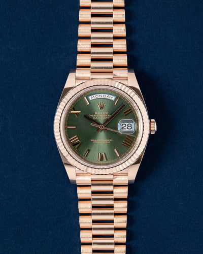Rose Gold Rolex Day-Date 40 228235 Olive Green Dial | Grand Caliber Watches