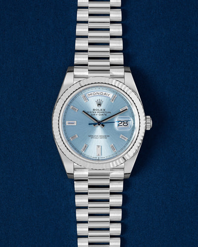 New Ice Blue Baguette Diamond Rolex Day-Date 228236 | Grand Caliber DFW, TX