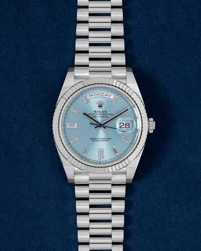 Platinum Rolex Day-Date Ice Blue Dial 228236 | Grand Caliber Watch Store