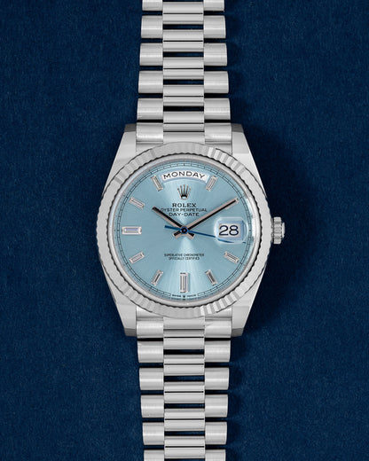 Platinum Rolex Day-Date Ice Blue Dial 228236 | Grand Caliber Watch Store