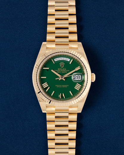 Green Roman dial Rolex Day-Date 40 228238 | Grand Caliber Watches