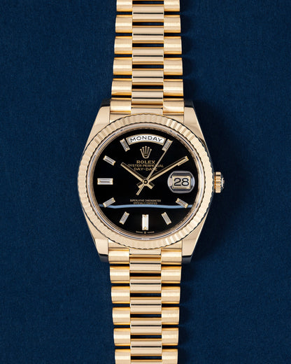 Onyx Baguette Diamond Rolex Day-Date 40 228238 | Grand Caliber Watches