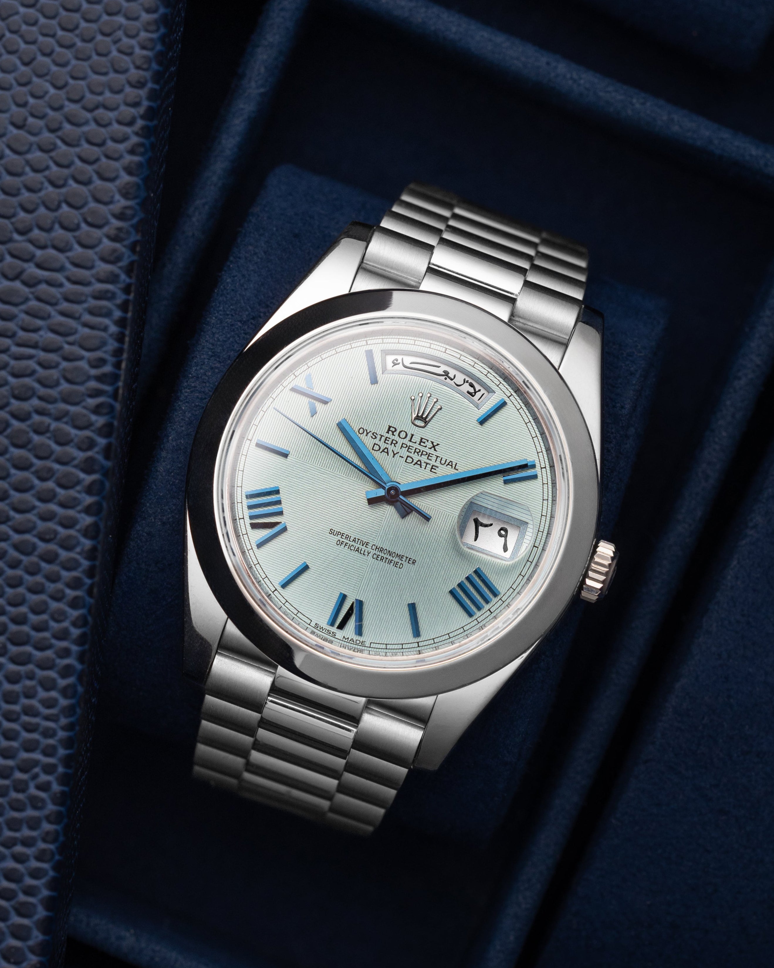 Rolex Day-Date Ice Blue 228206 Arabic Dial Presidential at Grand Caliber | Dallas Watch Store 
