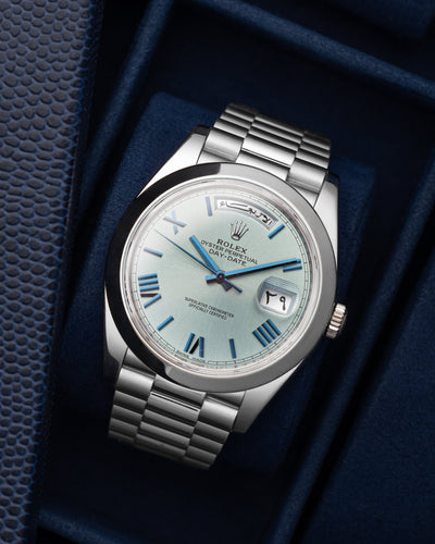 Rolex Day-Date Ice Blue 228206 Arabic Dial Presidential at Grand Caliber | Dallas Watch Store 