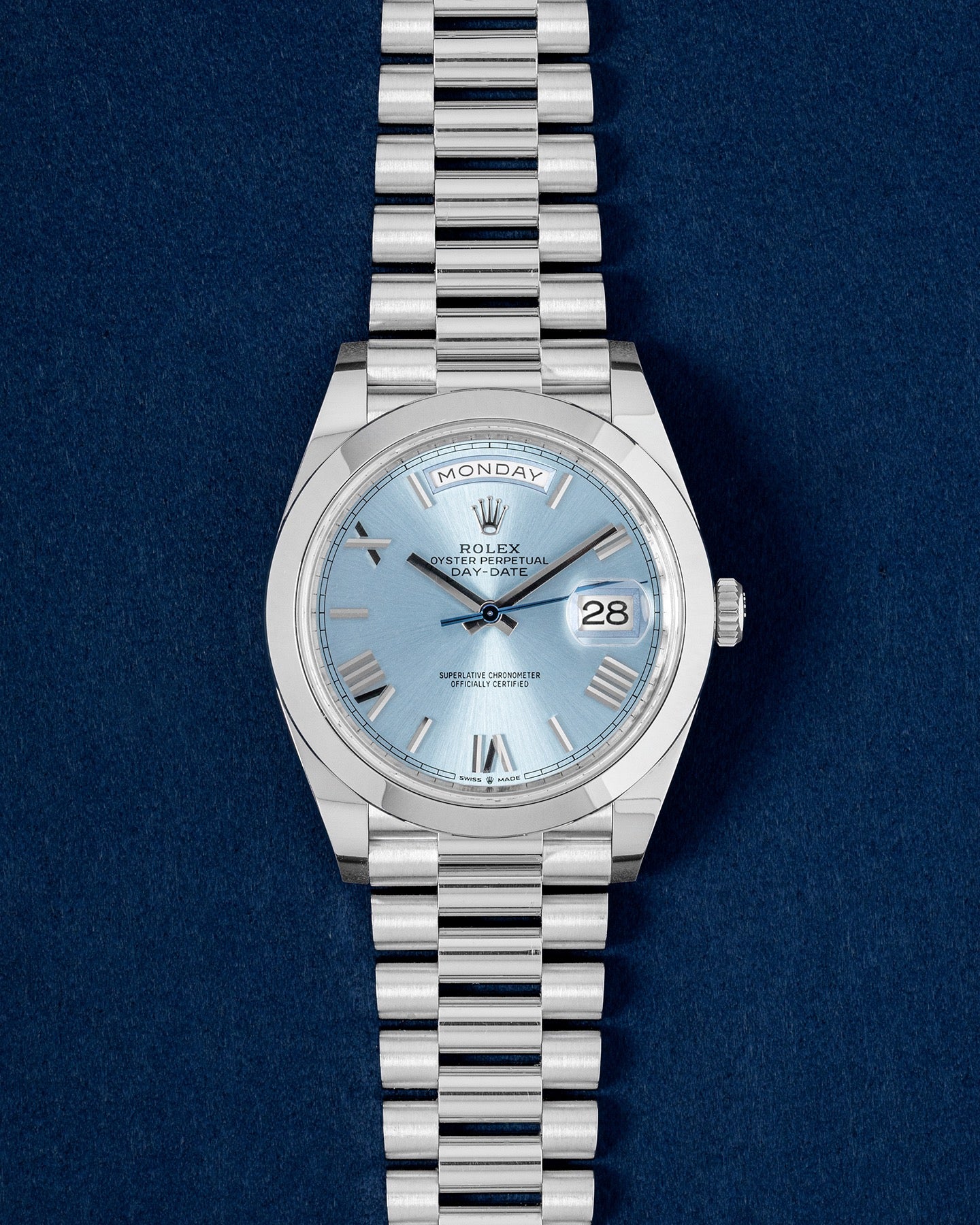 2022 Platinum Blue Rolex Day Date 228206 | Grand Caliber Dallas, TX