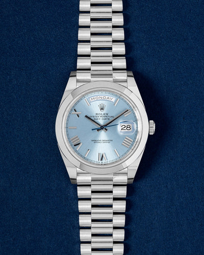 2022 Platinum Blue Rolex Day Date 228206 | Grand Caliber Dallas, TX