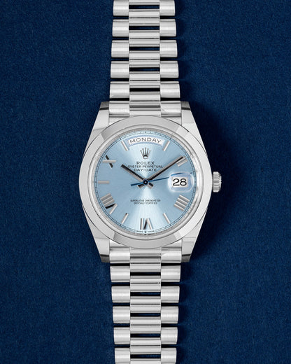 2022 Platinum Blue Rolex Day Date 228206 | Grand Caliber Dallas, TX