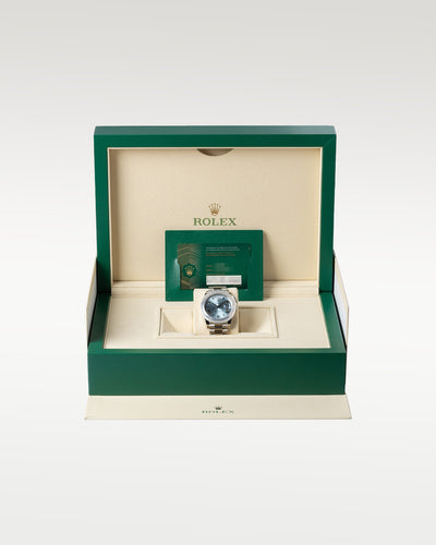 2022 Platinum Blue Rolex Day Date 228206 | Grand Caliber Dallas, TX