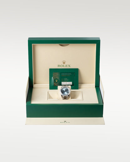 2022 Platinum Blue Rolex Day Date 228206 | Grand Caliber Dallas, TX