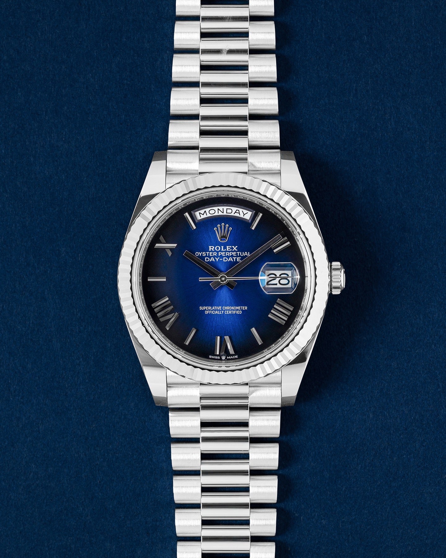 Platinum Blue Ombré Rolex Day Date 228236 | Grand Caliber Watches