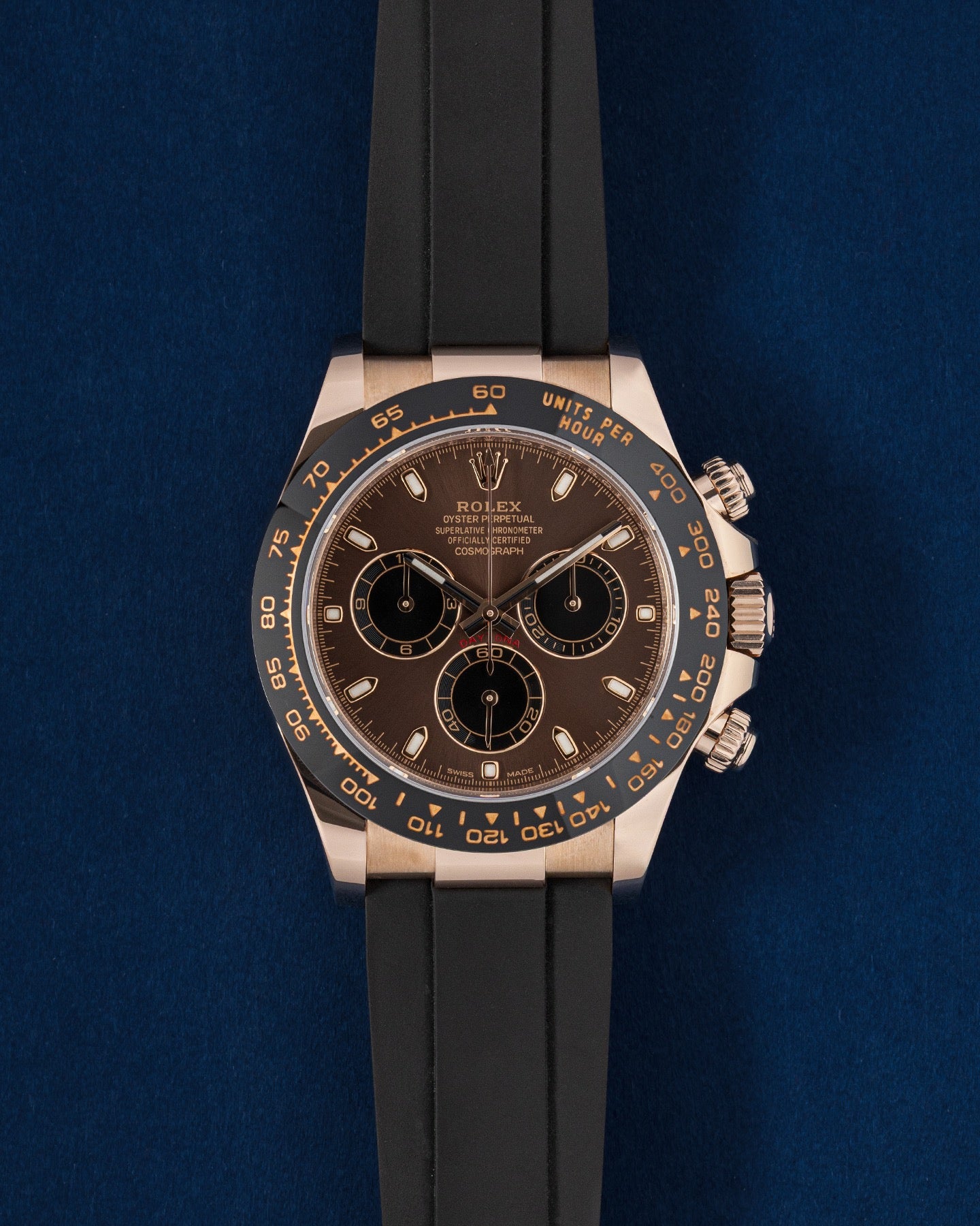 Rolex Daytona 116515LN, chocolate dial and black ceramic bezel, Everose gold case, front view