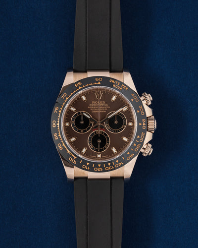 Rolex Daytona 116515LN, chocolate dial and black ceramic bezel, Everose gold case, front view