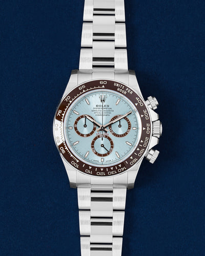 Brand new 2024 Rolex Cosmograph Daytona 126506 solid 950 platinum watch with ice blue dial and brown ceramic bezel at Grand Caliber Dallas