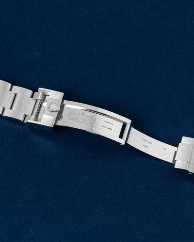 Detailed view of the open folding deployment buckle displaying the internal mechanism and 5mm Easylink comfort extension on a steel Rolex Explorer bracelet