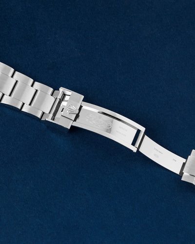 open Rolex Oysterlock safety clasp displaying the inner folding deployant blade and Easylink 5mm comfort extension link