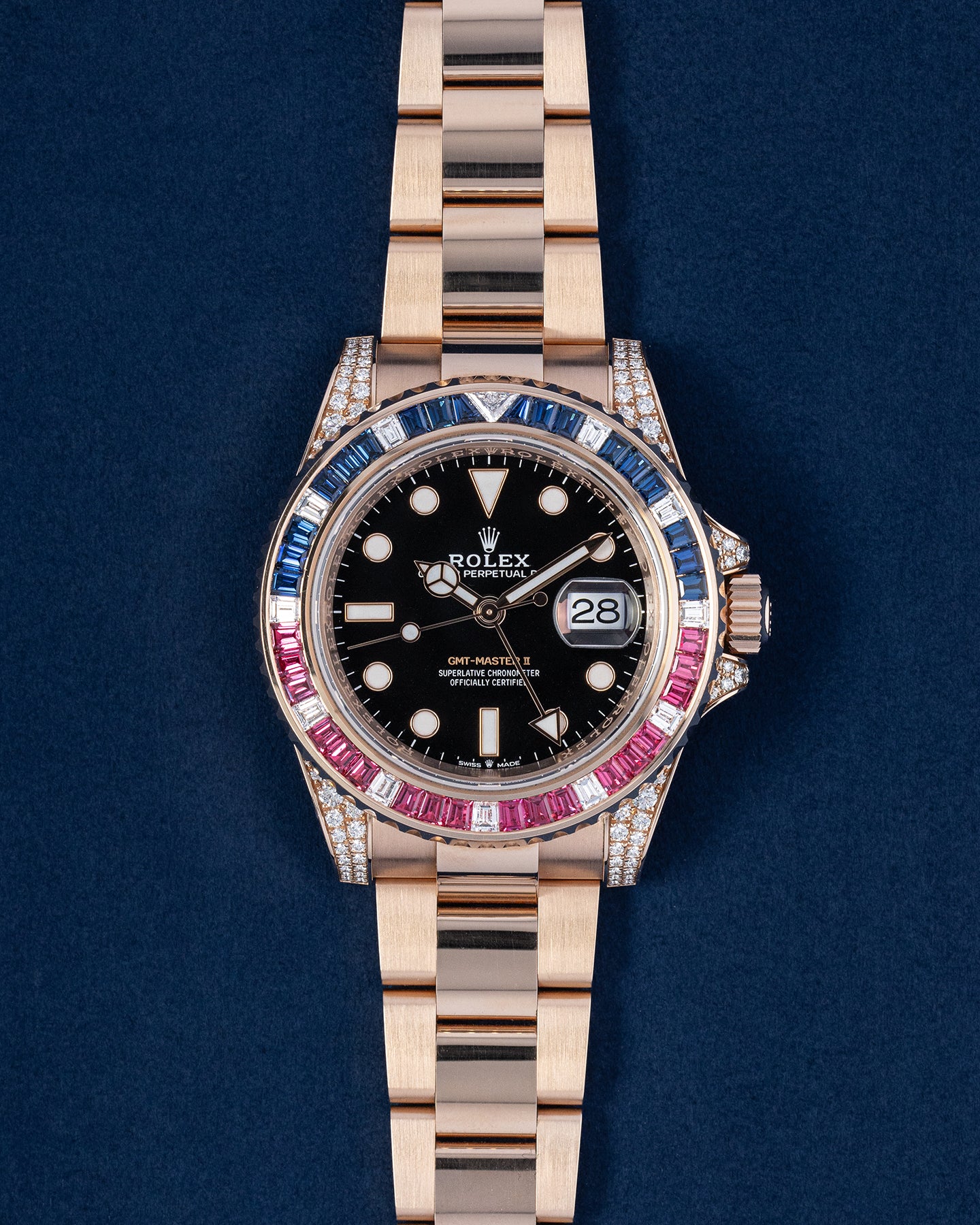 Rose Gold Diamond Sapphires Ruby Rolex GMT Master II 126755SARU Watch | Grand Caliber