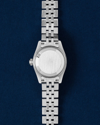 Solid screw-down brushed stainless steel Oyster caseback view on a 26mm Rolex Lady-Datejust reference 179174