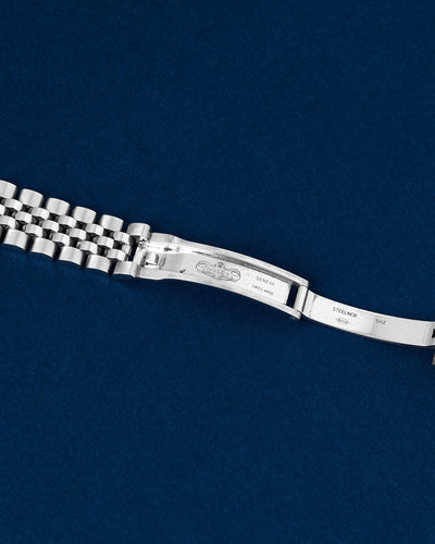 Detailed view of the open folding deployment mechanism on a concealed stainless steel Rolex Jubilee bracelet