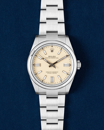 beige dial Rolex Oyster Perpetual 134300 | Grand Caliber Watches Dallas