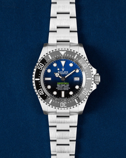 Rolex Deepsea James Cameron watch featuring a gradient D-blue to black dial, black ceramic Cerachrom bezel and an Oyster bracelet