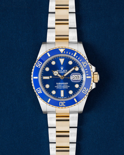 Rolex Submariner Date Bluesy watch featuring a royal blue sunray dial, blue ceramic Cerachrom bezel and a two-tone Oyster bracelet