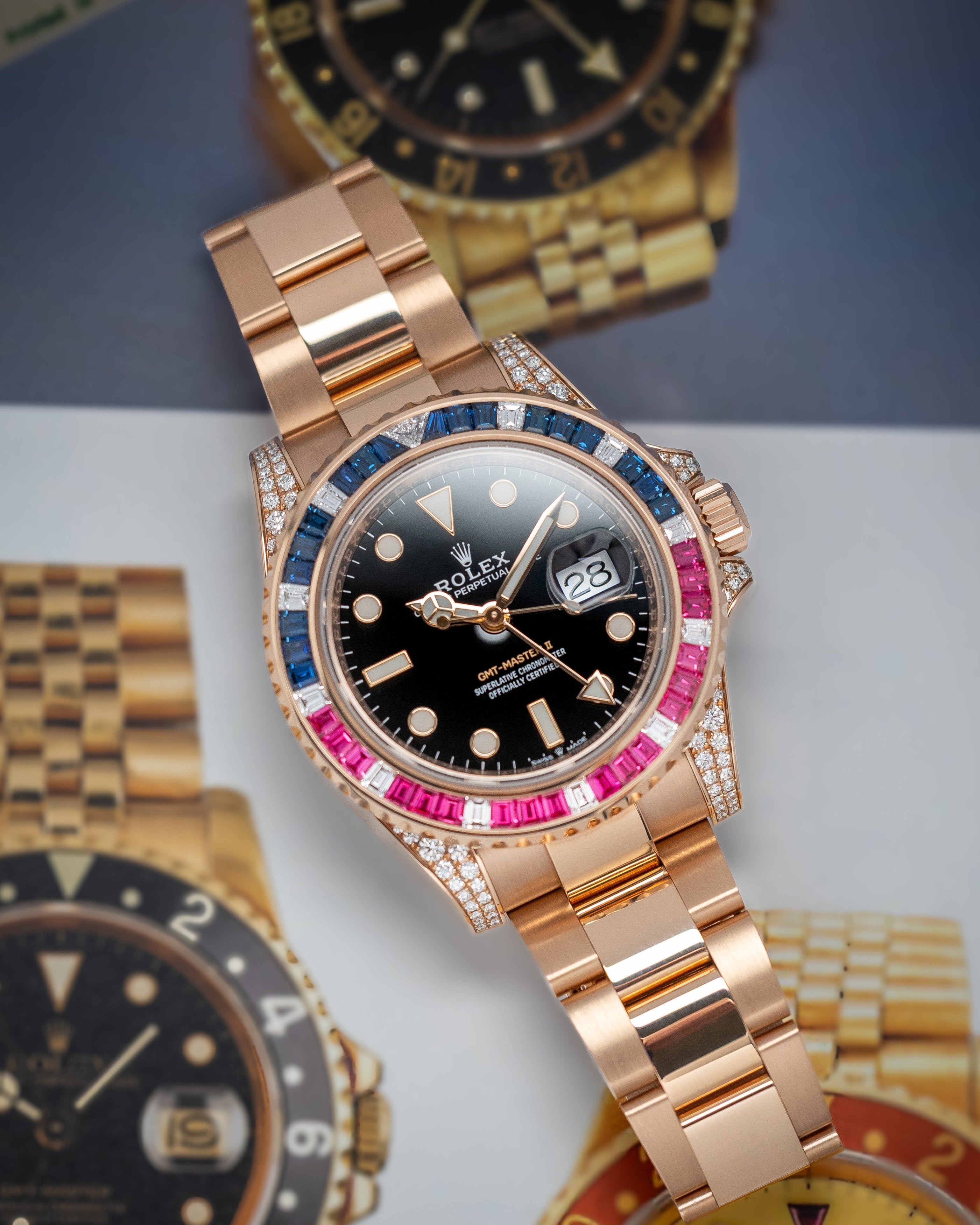Rose Gold Diamond Sapphires Ruby Rolex GMT Master II 126755SARU Watch | Grand Caliber