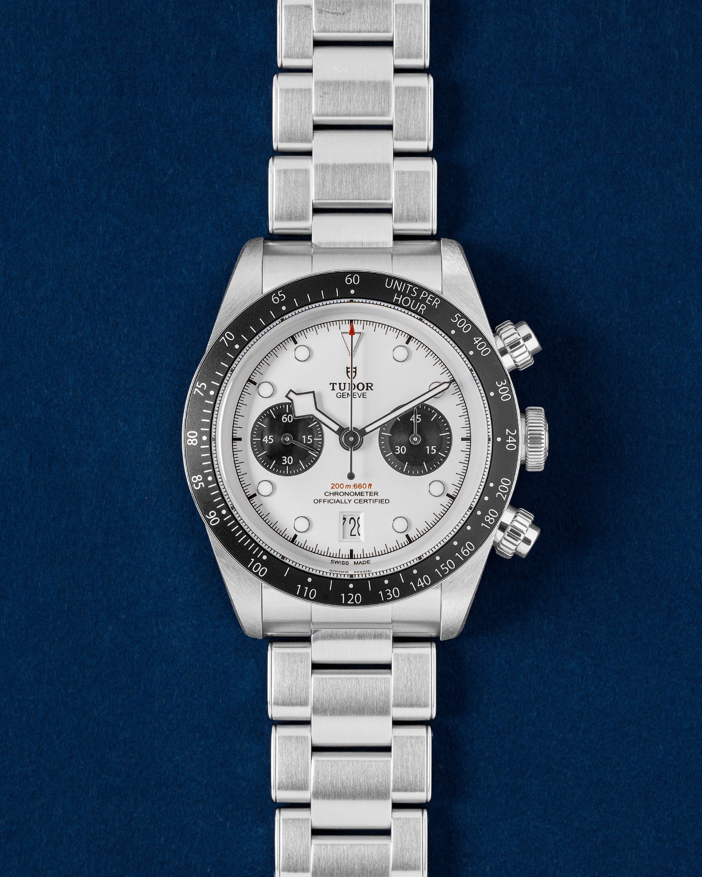Tudor Black Bay Chrono watch featuring an opaline white panda dial contrasting black sub-dials and a black tachymeter bezel